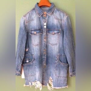 New women's Sz L rare distressed button front denim casual fun shacket t…
